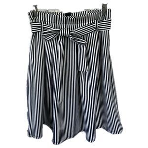 Haute Monde Black White Stripe Paper Bag Waist Knife Pleats Self Tie Belt Skirt